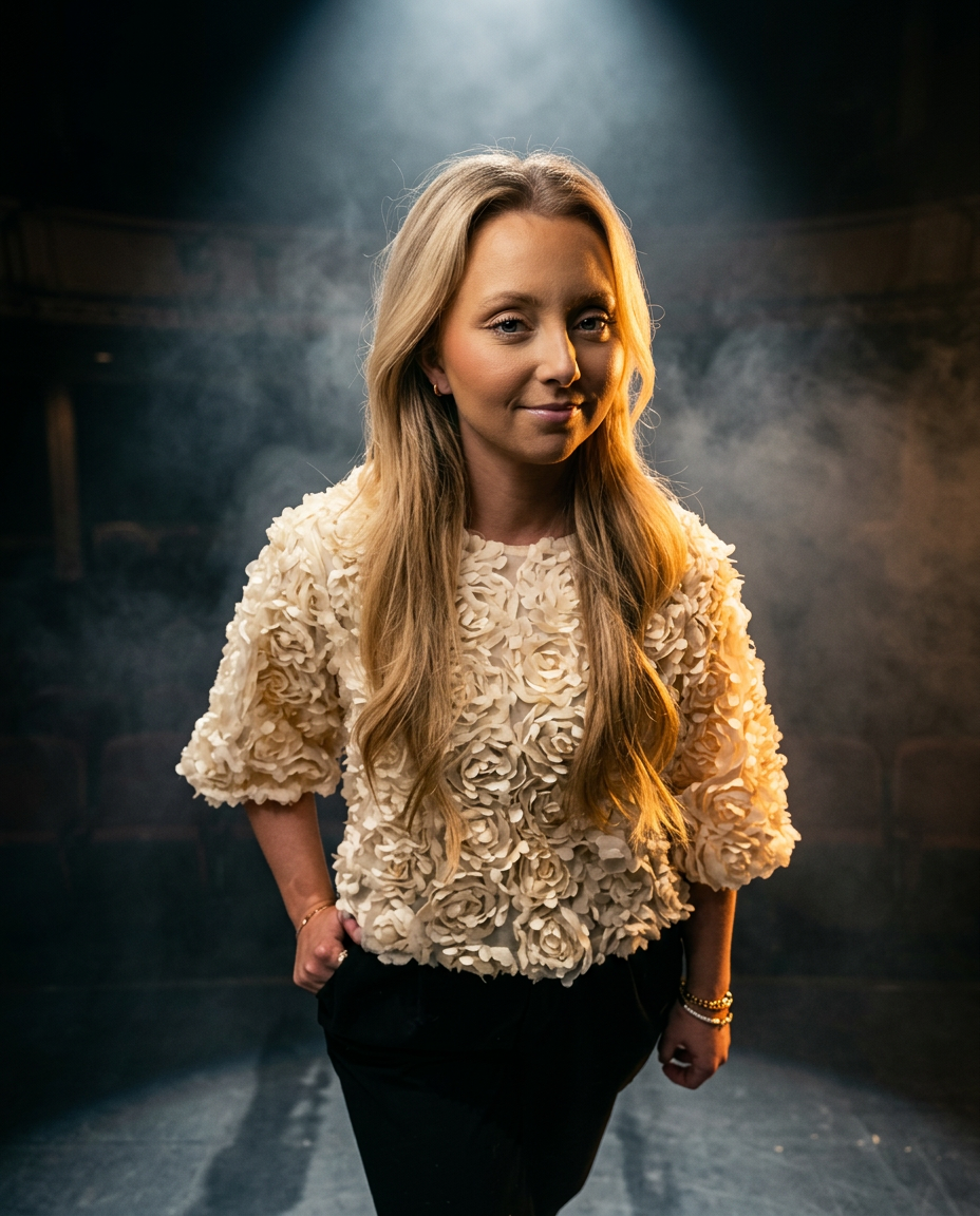 Scenporträtt av Paulina i spotlight på en mörk scen med lätt rök